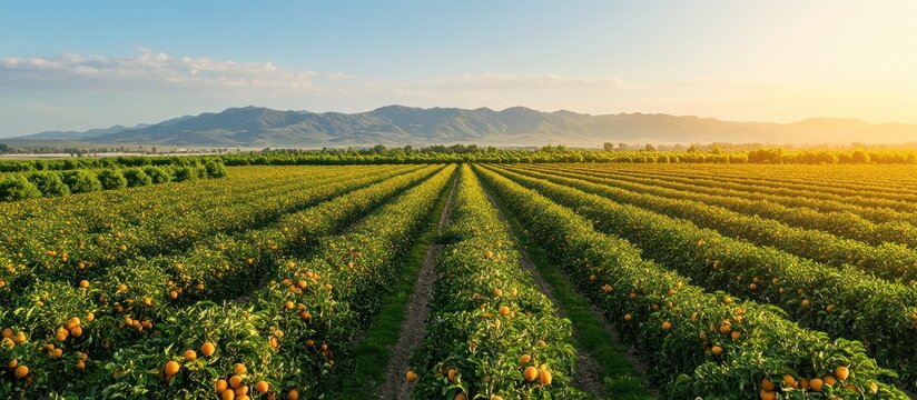 Rows of citrus trees growing in a field with mountains in the background.