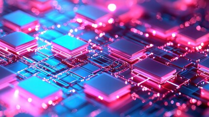 Obraz premium A vibrant close-up of a futuristic microprocessor with colorful highlights, showcasing intricate circuits and technology innovation.
