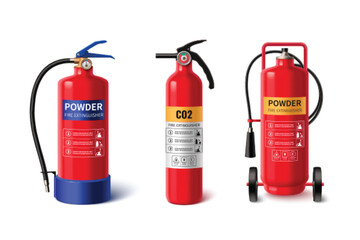 Fire extinguishers set isolated on white background. Vector realistic illustration of 3d red cylinders with firefighting foam and powder, manual instruction stickers, emergency prevention equipment