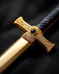 Close-up of an ornate sword with a golden crossguard and black handle on a dark background.