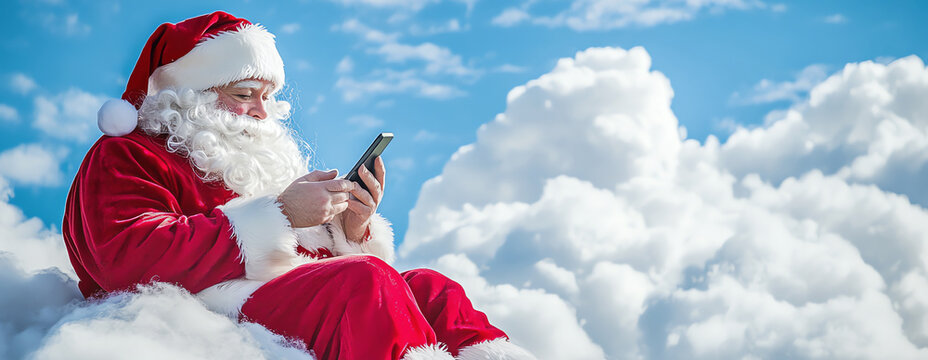 Santa Claus in clouds with phone, AI generated