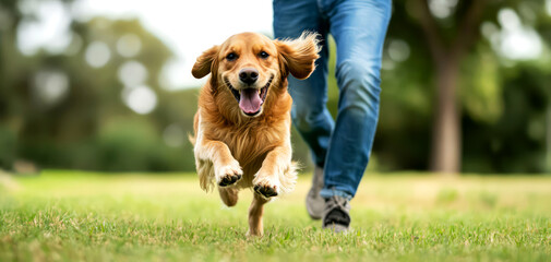 Happy golden retriever dog running towards its owner in a lush green park.