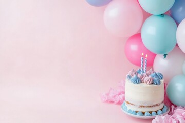 Minimalist birthday background with pastel balloons and a single cake