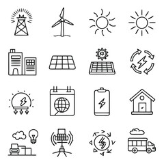 Minimalistic Line-Drawn Icons of Solar Panels, Wind Turbines, and Renewable Energy Equipment