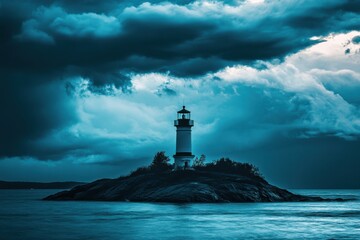 Lighthouse perched on a remote island, surrounded by turbulent seas