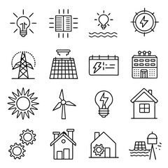 Minimalistic Line-Drawn Icons of Solar Panels, Wind Turbines, and Renewable Energy Equipment