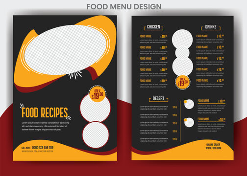 Modern fast food, burger, pizza, hot dog dobble page flyer and restaurant food flyer vector red color template for burger promotional ads or online start-up food and drinks delivery shop.