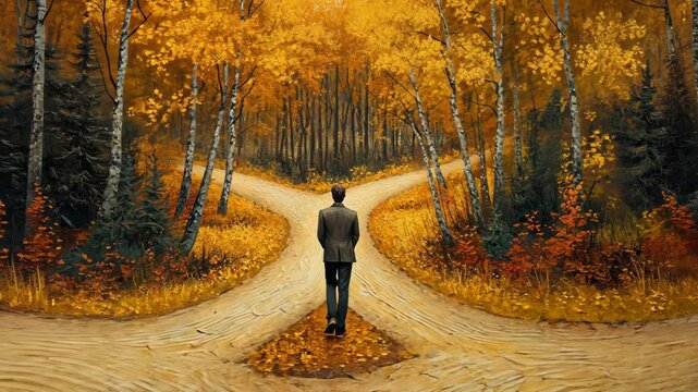 A man stands at a fork in the road, looking ahead in an autumn forest
