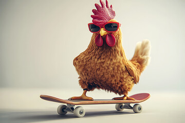 A cool chicken wearing sunglasses skateboards on a board, showcasing a playful and fun vibe.