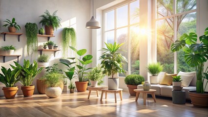 Obraz premium Beautiful Minimalist Interior Design with Indoor Plants in Vases, Natural Light, Cozy Atmosphere, Modern Decor, Serene Living Space, Tranquil Home Environment, Stylish Simplicity