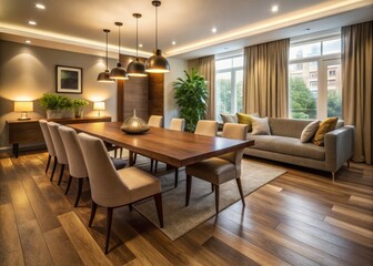 Warm and Inviting Room with Wooden Floor and Dining Table, Cozy Atmosphere Filled with Furniture, Chairs, Couch, and Decorative Vases