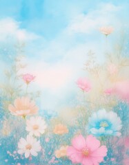 可愛い色合いのコスモスと青空の風景画