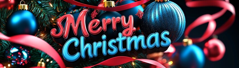 Festive Merry Christmas Text with Ornaments and Ribbon