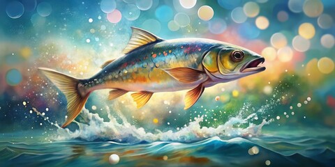Naklejka premium Watercolor Fish Jumping Out of Water - Bokeh Effect, Nature Art, Aquatic Life, Vibrant Colors, Fluid Motion, Artistic Illustration, Ocean Scene, Wildlife, Underwater Beauty, Creative Artwork