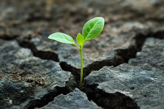 Fototapeta Small green seedling sprouting through cracked dry soil, symbolizing resilience, new beginnings, growth, and hope in adverse conditions. Perfect for nature and inspiration themes