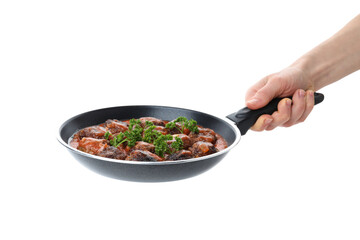 PNG of meatballs in a pan, isolated on white background.