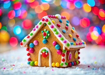 Whimsical Gingerbread House Cookie Delight with Colorful Icing and Sprinkles in Tilt-Shift Photography Style - Perfect for Holiday Treats and Festive Baking Inspiration