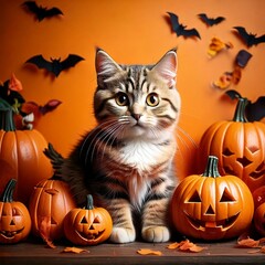 A cat with Halloween decorations