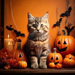 Obraz premium A cat with Halloween decorations