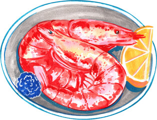 Fresh red-orange shrimp with yellow lemons, arranged on a silver plate, hand-drawn watercolor painting illustration