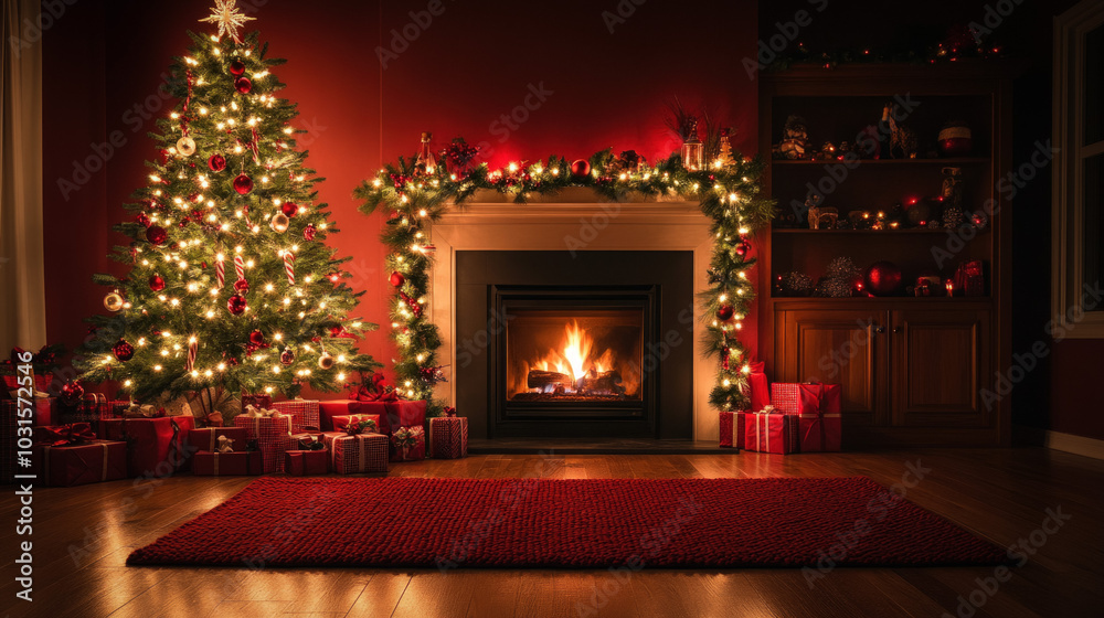 Sticker Wallpaper Featuring A Traditional Christmas Scene With A Beautifully Decorated Tree, Twinkling Lights, And A Warm Fireplace Glowing In The Background