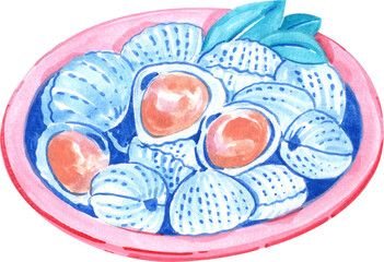Blue cockles arranged on a bright red plate, ready to be served, hand-drawn watercolor painting illustration