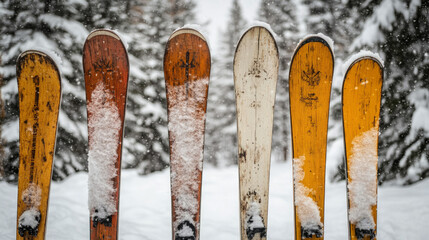Wallpaper Featuring Vintage Ski Equipment Like Wooden Skis And Poles Against A Backdrop Of Snowy Pine Trees, Evoking A Nostalgic Winter Vibe