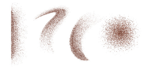 Coffee powder splashes set isolated on white background. Vector realistic illustration of chocolate, cocoa, cinnamon sugar, dust stains on surface, top view of brown granules scattered on table