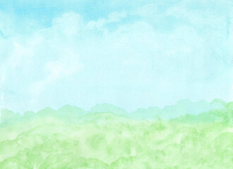 Fototapeta premium Watercolor painting nature background of mountain with blue sky and trees on paper. landscape. illustration for spring or autumn and tropical concept. copy space for text. Hand painted texture style.