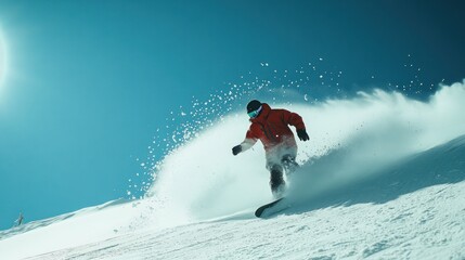 A snowboarder in a red jacket is carving through the snow on a sunny day, creating a spray of powder behind them.