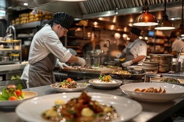 Restaurant Kitchen with Chef Preparing Food