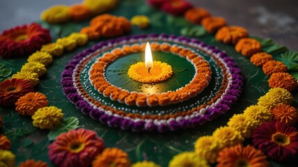 A lit candle surrounded by colorful flower petals, creating a beautiful and intricate design.