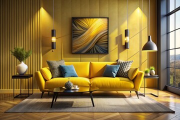 Chic Yellow Sofa in Modern Art Room - Vibrant Elegance, Stylish Decor, Cozy Cushions, Contemporary Design, Silhouette Photography, Interior Inspiration, Artistic Ambiance, Home Decor Trends