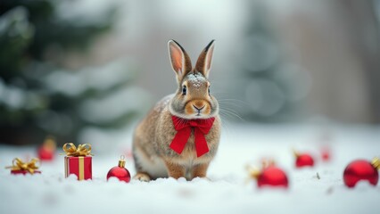Rabbit with red ribbon sitting in snowy festive scene with holiday decor