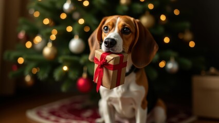 Beagle dog wearing red bowtie sitting in front of a Christmas tree with gift