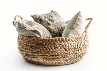 Wicker Basket with Cushions Isolated On White Background