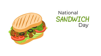 National Sandwich Day banner with colorful sandwiches filled with fresh vegetables, cheese and meat. Design for holiday promotions, or culinary projects.