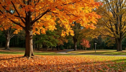 Vibrant Autumn Trees Glowing with Warm Colors in Tranquil Park Landscape