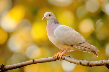 A yellow-legged pigeon perched on a branch surrounded by autumn colors in a serene natural setting