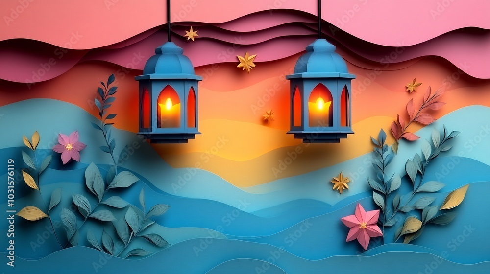 Poster artistic paper cut style design with layered lanterns and star motifs in vibrant colors arranged on 