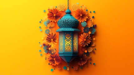 Artistic paper cut style illustration of an Islamic lantern surrounded by colorful geometric designs rendered against a bright orange background providing ample space for text at the bottom
