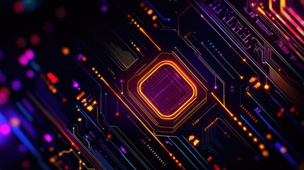 Fototapeta premium Abstract digital background featuring vibrant neon lights and circuit patterns ideal for technology, innovation, and electronics themes.