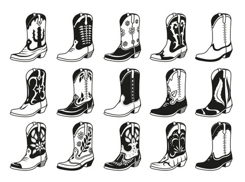 Cowboy boots black monochrome silhouette different design set isometric vector illustration