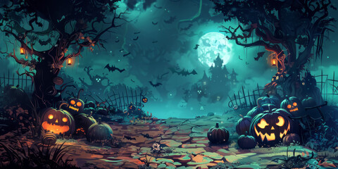 halloween pumpkin vector illustration with spooky silhouette of tree and bat,Generated By Ai