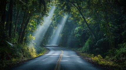 Fototapeta premium Serene Forest Path with Light Rays Through Trees