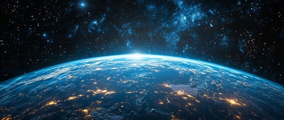 Obraz premium A stunning view of Earth from space, highlighting its beauty and the glow of city lights.