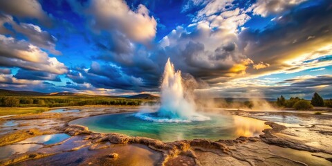 Naklejka premium Breathtaking View of Geysir Hot Spring in Haukadalur Valley, Iceland with Steam Clouds and Clear Blue Sky - Stunning Architectural Photography of Natural Wonders