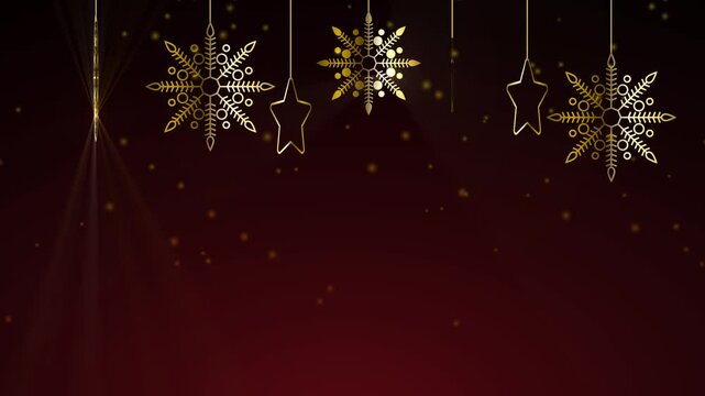 Golden Christmas ornaments spinning and sparkling on a red background. The empty red space is ideal for placing custom text or logos, making it versatile for advertisements or festive promotions