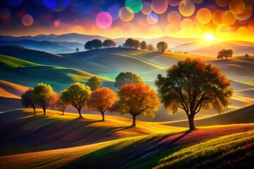 Obraz premium Colorful Stylized Landscape with Abstract Trees, Rolling Hills, Silhouette Art, Vibrant Nature, Dreamy Scenery, Artistic Background, Scenic Views, Modern Art, Nature Abstract, Landscape Painting