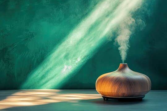 Wooden essential oil diffuser on table. Perfect for blog posts, product reviews, or social media marketing related to aromatherapy, wellness, and home fragrance.